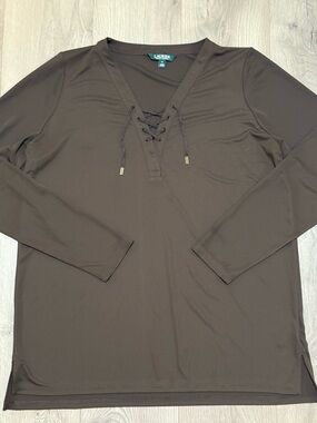 Lauren Ralph Lauren Brown Lace-Up Long Sleeve Top XL
